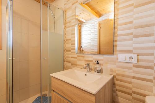 a bathroom with a sink and a shower at Bungalow Alós in Alós de Balaguer
