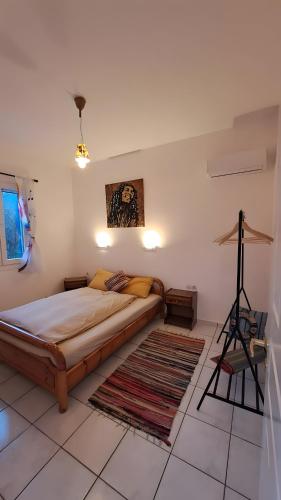 a bedroom with a large bed and a rug at Syros Mandala Studio in Ano Syros