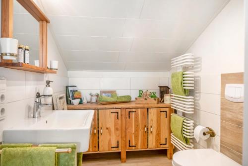 a bathroom with a sink and a toilet at Eifelyeti Ferienwohnung mit Sauna in Ellscheid