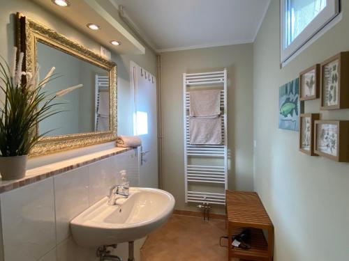 a bathroom with a sink and a mirror at Ferienwohnung an der Schlei in Fleckeby