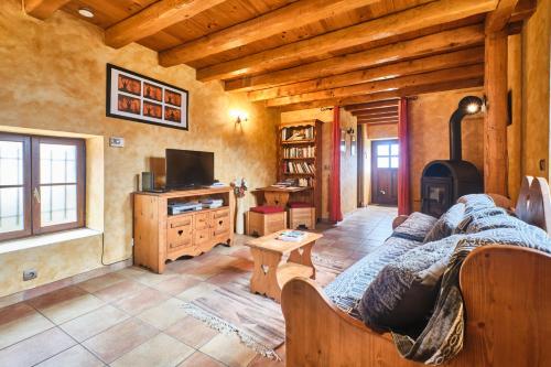 a living room with a couch and a tv at Chateau De Merande in Arbin