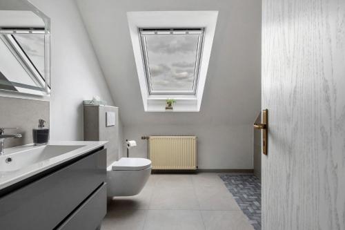 a bathroom with a toilet and a window at Gerda Ferienwohnung in Weigendorf