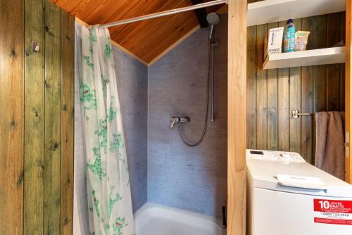 a bathroom with a shower and a toilet and a sink at Dänisches Tiny Haus Brekendorf in Brekendorf