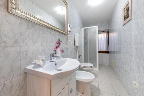 a bathroom with a sink and a toilet and a mirror at Residence Tatiana Dependance in Tremosine Sul Garda
