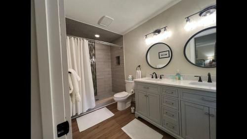 a bathroom with a sink and a toilet and a mirror at Shady Creek Cabin · Shady Creek Cabin in Connestee Falls with s in Brevard