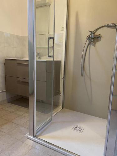 a shower with a glass door in a bathroom at Gîte le Suquet - en pleine nature in Dourbies