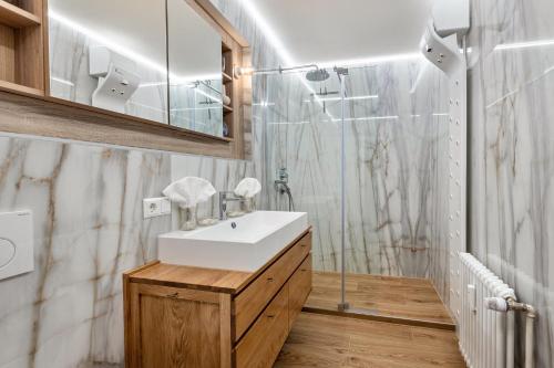 a bathroom with a sink and a shower at Ferienwohnung Schluchsee Idylle in Schluchsee