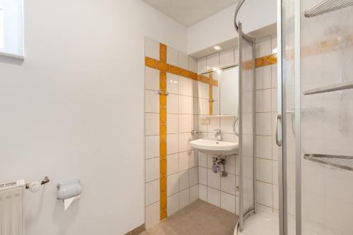 a bathroom with a glass shower and a sink at Ferienwohnung am Bloschk in Schwielochsee