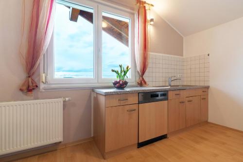 a kitchen with a sink and a window at Weingut Ringwald in Herbolzheim