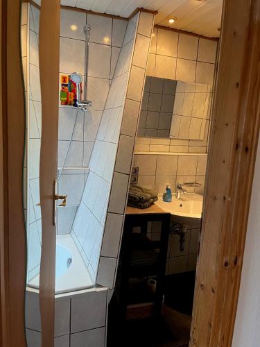 a bathroom with a tub and a sink at Galeriewohnung mit Seeblick in Absberg