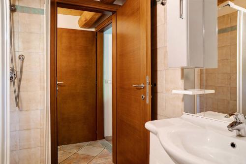 a bathroom with a sink and a wooden door at Arnica Tano di Grich in Cesani