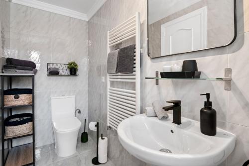 a bathroom with a sink and a toilet and a mirror at Appartment Patricia in Orba