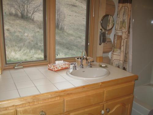 a bathroom with a sink and a window at Rye Creek Lodge in Darby