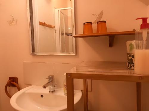 a bathroom with a sink and a mirror and a toilet at Les Chambres Des Chtis in Abbeville