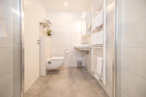 a white bathroom with a toilet and a sink at Apartment Wasenberg in Willingshausen