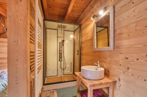 a bathroom with a sink and a shower at L'auberge du Bati in Besse