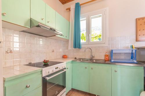 a kitchen with green cabinets and a sink and a window at Christianna studios in Nikiana