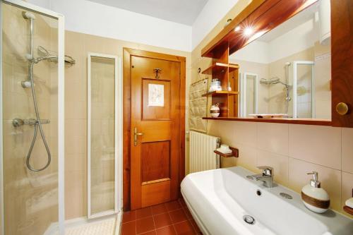 a bathroom with a tub and a sink and a shower at Monolocale Monti Pallidi in Domegge di Cadore