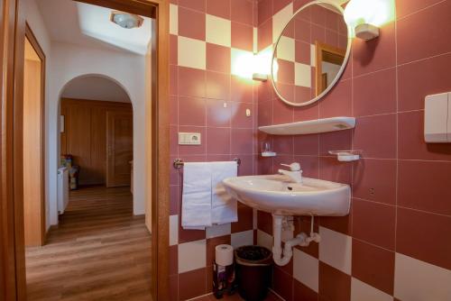 a bathroom with a sink and a mirror at Apartment 6 - Zur Sonne in Laion