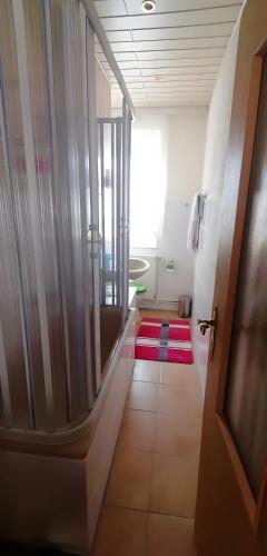 a hallway with a bathroom with a door and a red rug at Ferienwohnung Mücheln 1 in Mücheln