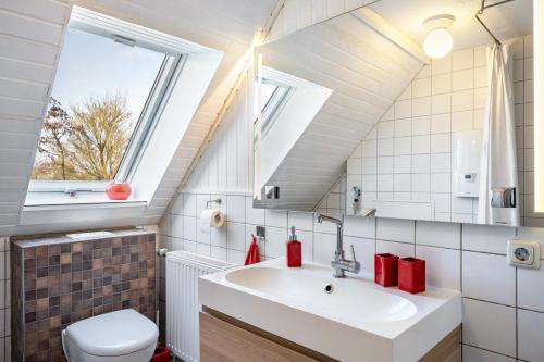 a bathroom with a sink and a toilet at Voßberg großes Ferienhaus in Grömitz