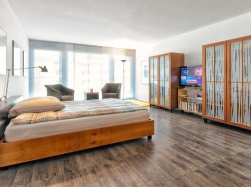 a bedroom with a large bed and a flat screen tv at Hochburger 21 in Emmendingen