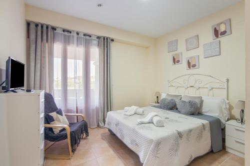 a bedroom with a bed and a tv and a window at Saadia Golf in Huelva
