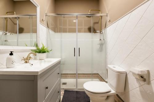 a bathroom with a shower and a toilet and a sink at Casa Palma 12 in Vilafranca del Penedès