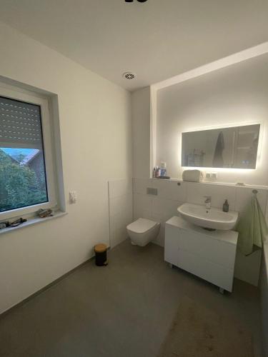 a white bathroom with a toilet and a sink at Wohlfühloase nähe Messe in Sehnde