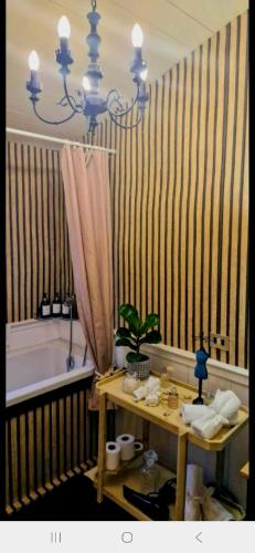 a bathroom with a bath tub and a table with a plant at The Cottage by the lake 1 in San Maurizio dʼOpaglio