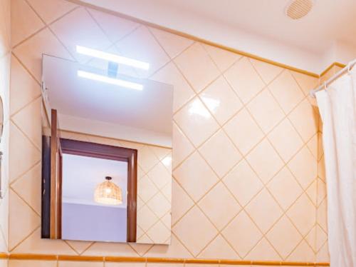 a bathroom with a mirror and a shower curtain at Costa Fortuna in Poris de Abona