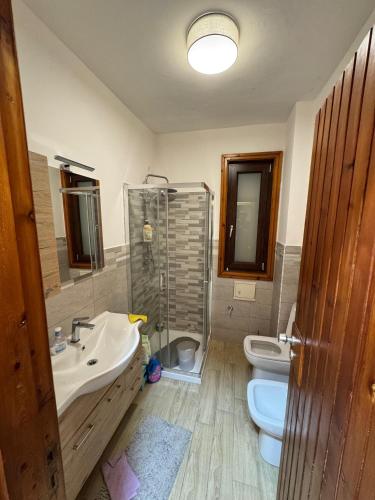 a bathroom with a sink and a shower and a toilet at Stef House in Rivisondoli