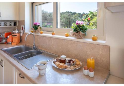 a kitchen counter with a sink and a plate of food at Villa Aloni in Lákka