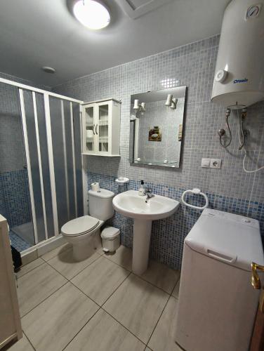 a bathroom with a toilet and a sink and a mirror at Apartamento el Carmen in El Cotillo