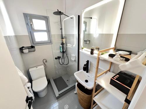 a small bathroom with a toilet and a sink at aeolian blu 3 in Parikia