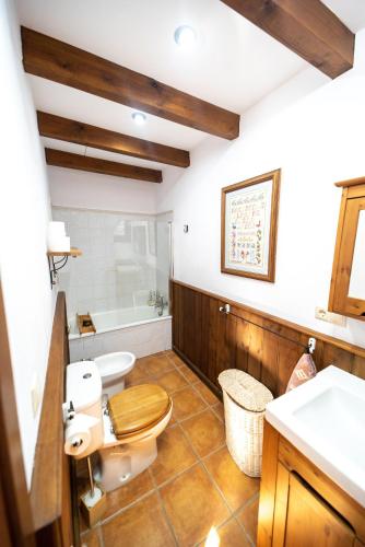 a bathroom with a toilet and a sink and a tub at La Jacaranda in Hornachuelos