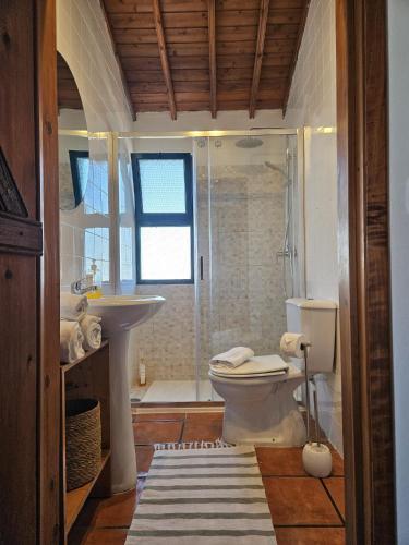 a bathroom with a shower and a toilet and a sink at Casa da Uva-Mosteiros Vineyards House-Heated swimming-pool in Mosteiros