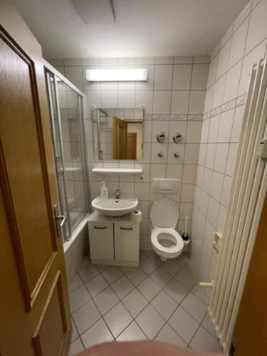 a bathroom with a toilet and a sink at Appartment am Markt in Weimar