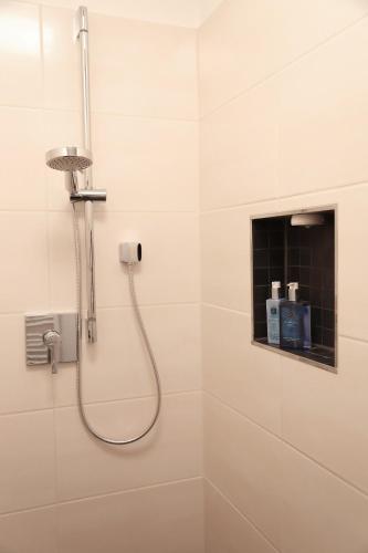 a shower in a white bathroom with a shower head at Appartement Burgblick in Harburg