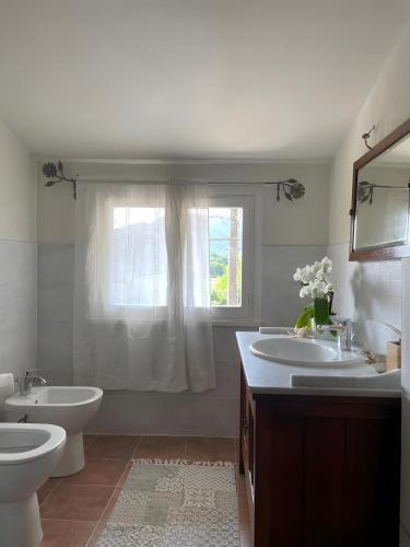 a bathroom with two sinks and a toilet and a window at Villa Gioia sui colli Euganei in Torreglia