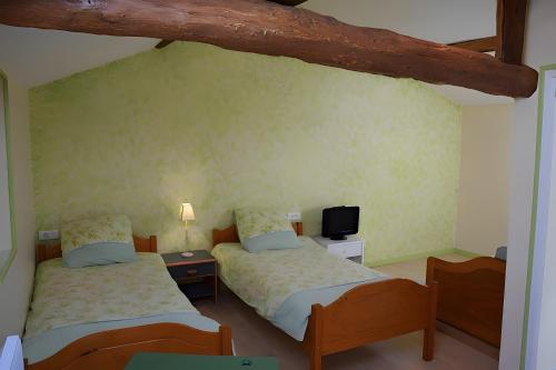 a bedroom with two beds and a tv on the wall at La Grange De Vauviault in Bressuire