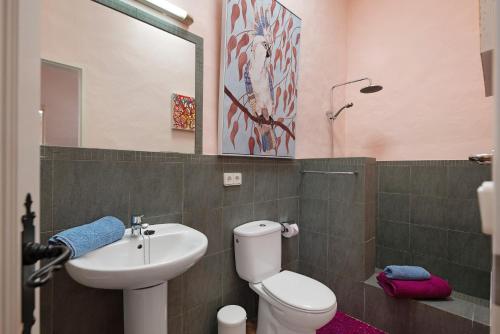 a bathroom with a toilet and a sink and a mirror at El Cello in Mácher