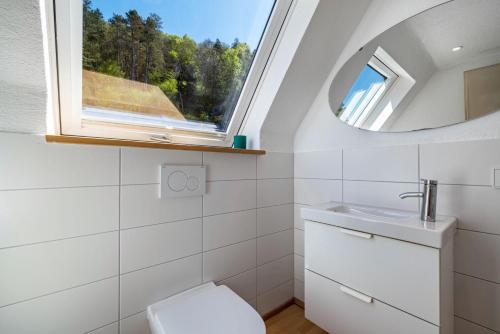 a bathroom with a toilet and a window at Haus an der Lauchert in Veringenstadt