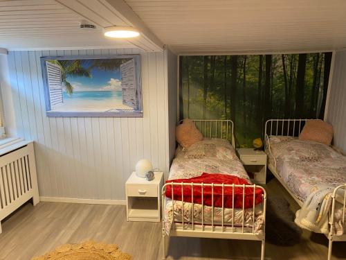 a room with two beds and a window at Ferienhaus Harz Idylle 3 in Güntersberge