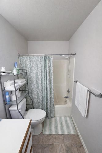 a bathroom with a white toilet and a shower at Passive Stays Mountain Home 2BR in Mountain Home