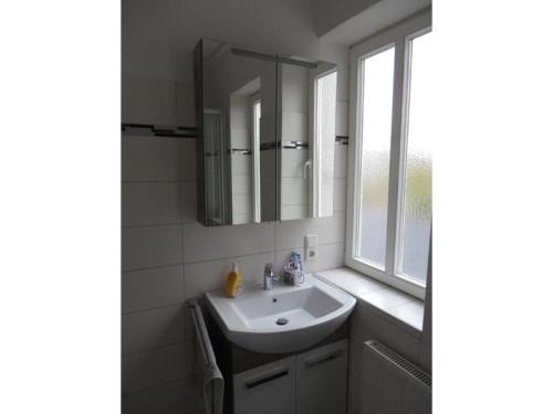 a bathroom with a sink and a window at Ferienwohnung Pfieffetalblick in Spangenberg