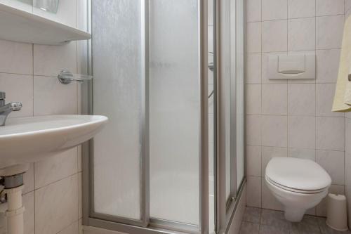 a bathroom with a shower and a toilet and a sink at App Sonne Nr 18 in Lutago