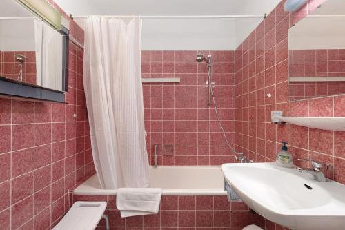 a red tiled bathroom with a sink and a shower at Schönblick in Höchenschwand