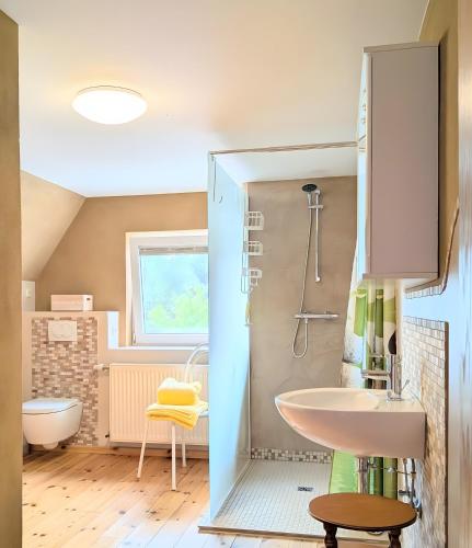 a bathroom with a sink and a shower at Ferienwohnung Gartenblick in Fuhlendorf