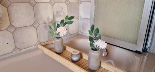 three vases sitting on a shelf in a bath tub at M B Homes Albstadt in Albstadt